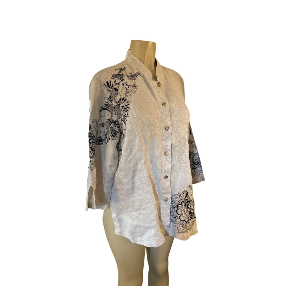 Women L Citron Santa Monica 100% Linen Button Embroidered Blouse Shirt Top